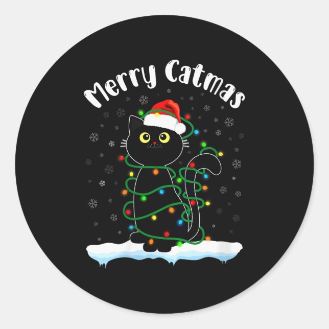 Womens Merry Catmas Cat Wearing Santa Hat Black Ca Classic Round Sticker (Front)