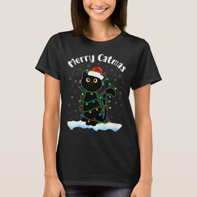 Womens Merry Catmas Cat Wearing Santa Hat Black Ca T-Shirt (Front)