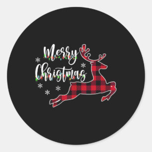 Womens Merry Christmas Reindeer Buffalo Plaid Red Classic Round Sticker