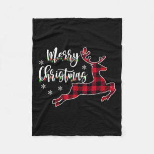 Womens Merry Christmas Reindeer Buffalo Plaid Red Fleece Blanket