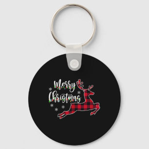 Womens Merry Christmas Reindeer Buffalo Plaid Red  Key Ring