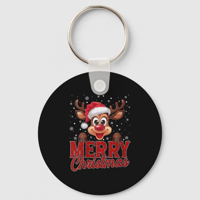 Womens Merry Christmas Rudolph Reindeer Santa Hat  Key Ring (Front)