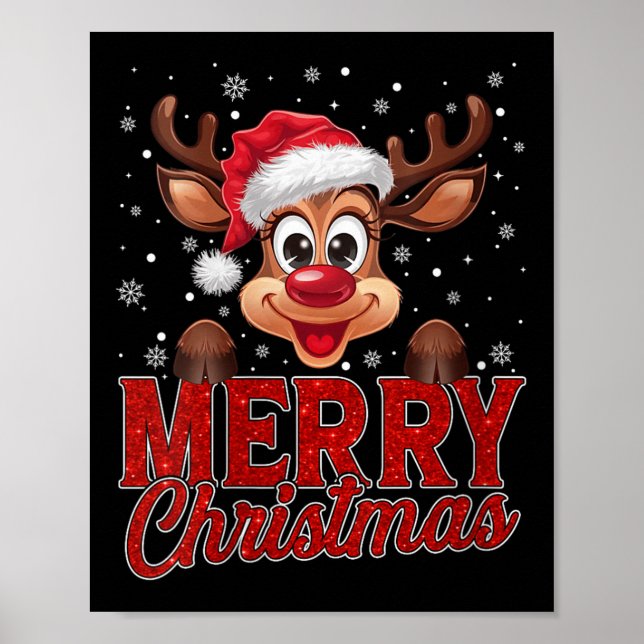 Womens Merry Christmas Rudolph Reindeer Santa Hat  Poster (Front)