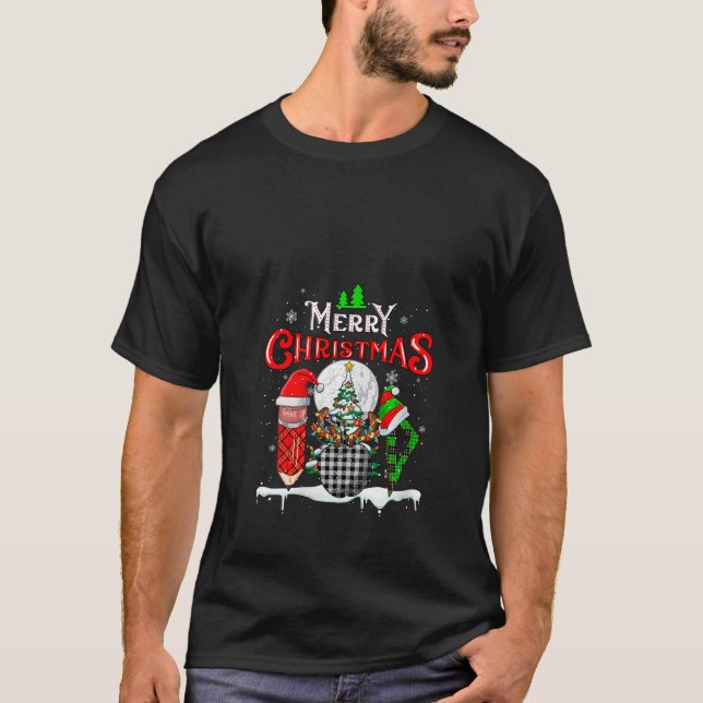 Womens Merry Christmas Santa Elf Reindeer Teacher  T-Shirt (Front)