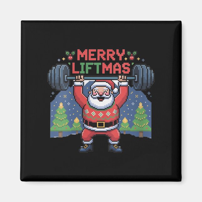 Womens Merry Liftmas Santa Claus Barbell Press Fun Magnet (Front)