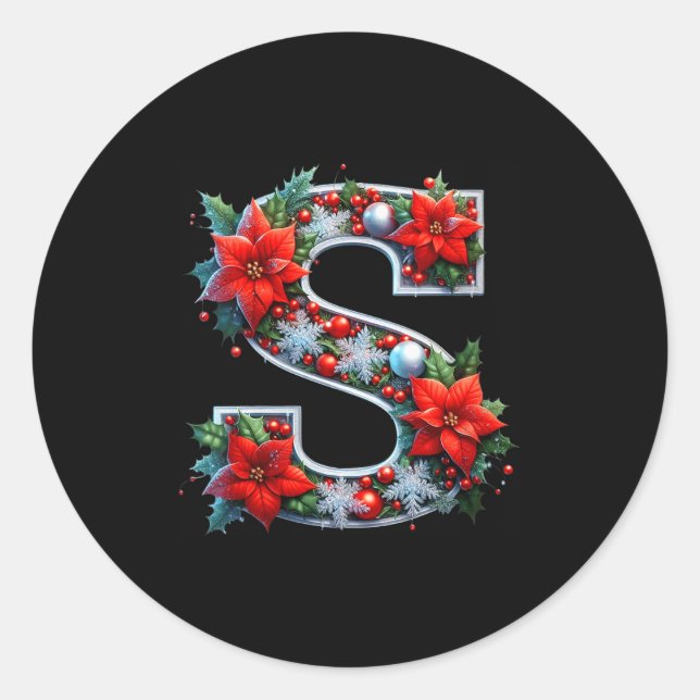 Womens Merry S Letter Insettia Snowflakes V-neck  Classic Round Sticker (Front)