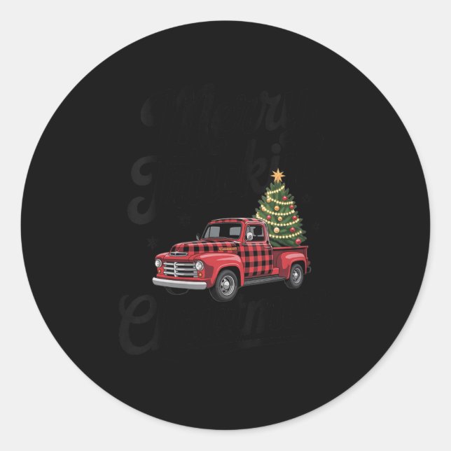 Womens Merry Truckin' Christmas Buffalo Plaid Clic Classic Round Sticker (Front)