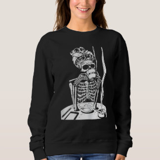 Womens Messy Bun Skeleton Drinking Coffee Lazy Ha Sweatshirt