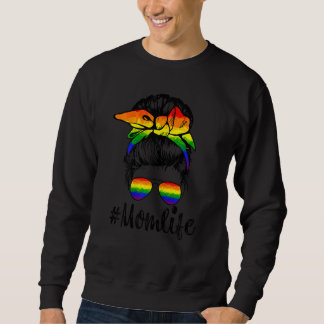 Womens Messy Hair Bun Proud Mum Lgbtq Rainbow Flag Sweatshirt