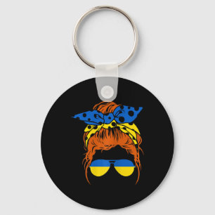 Womens Mom Ukrainian Messy Bun Hair Flag Gles Cool Key Ring
