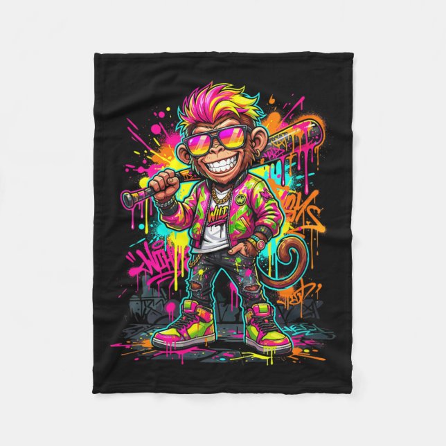 Womens Monkey Baseball Drip Funny Animal Party Fleece Blanket (Front)