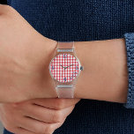 Women's Monogram Red White Gingham Clear Silicone Watch<br><div class="desc">This sporty 80s style watch with durable clear silicone buckle strap and texture-looking red and white gingham face, features subtle calligraphy monogram initials and numbers in a dark blue. These were called "Jelly watches" in the 80s. Easily change or remove the initials using the Template provided. White and black silicone...</div>