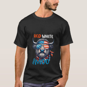 Womens Moorica Highland Cow Blue White and Red 4th T-Shirt