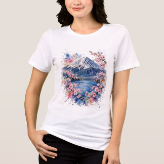 Women's Mount Fuji Cherry Blossom Watercolor Hoodi Tri-Blend Shirt
