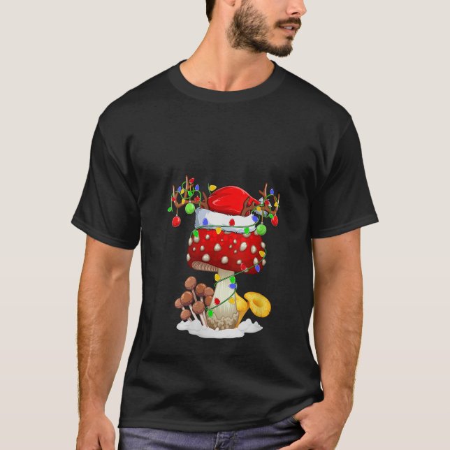 Womens Mushroom Xmas Lights Reindeer Santa Hat Mus T-Shirt (Front)