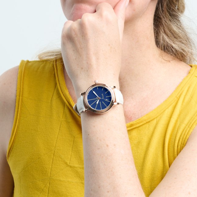 Womens Navy Blue Rose Gold Monogram Leather Strap Watch (Wrist)