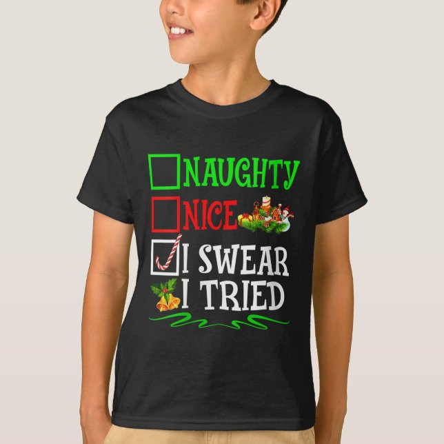 Womens Nice Naughty I Swear I Tried Santa Christma T-Shirt (Front)