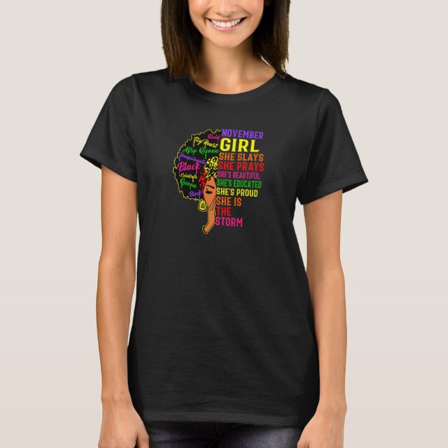 Womens November Girl She Slays & Prays  November B T-Shirt (Front)