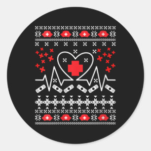 Womens Nurse Heartbeat - Ugly Christmas Sweater Classic Round Sticker