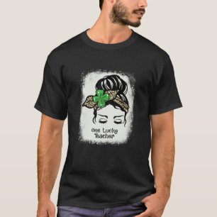 Womens One Lucky Teacher Messy Bun Ribbon Leopard T-Shirt