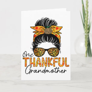 Womens One Thankful Grandmother Leopard Messy Bun Card