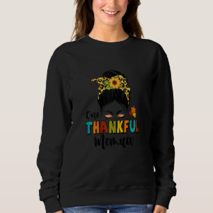 Womens One Thankful Memaw Leopard Messy Bun Fall T Sweatshirt