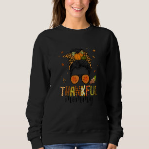 Womens One Thankful Mommy Leopard Messy Bun Thanks Sweatshirt