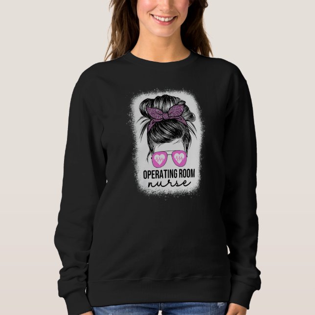 Womens Operating Room Nurse Leopard Messy Bun OR N Sweatshirt (Front)