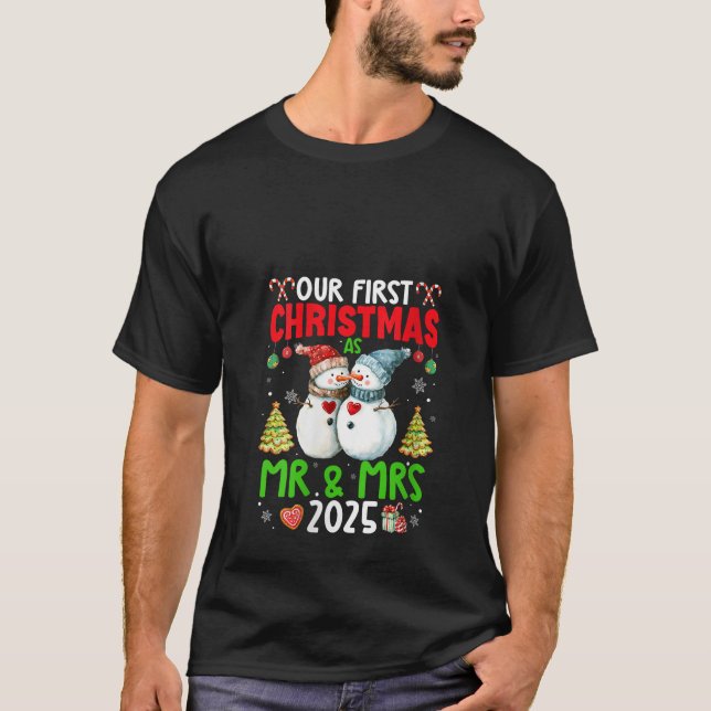 Womens Our First Christmas as Mr Mrs 2025 Couple M T-Shirt (Front)