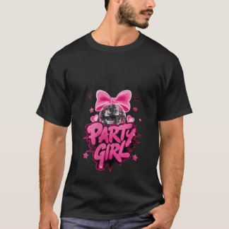 Womens Party Girl Coquette Bow Disco Ball Birthday T-Shirt