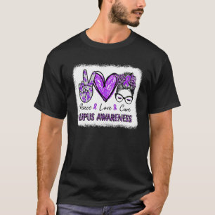 Womens Peace Love Cure Messy Bun Leopard Lupus Awa T-Shirt