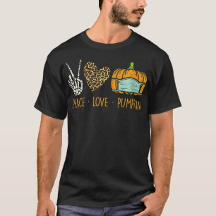Womens Peace Love Pumpkin Face Mask Halloween Quar T-Shirt