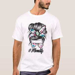 Womens Ph Cute Floral Messy Bun Mom Life Mothers D T-Shirt