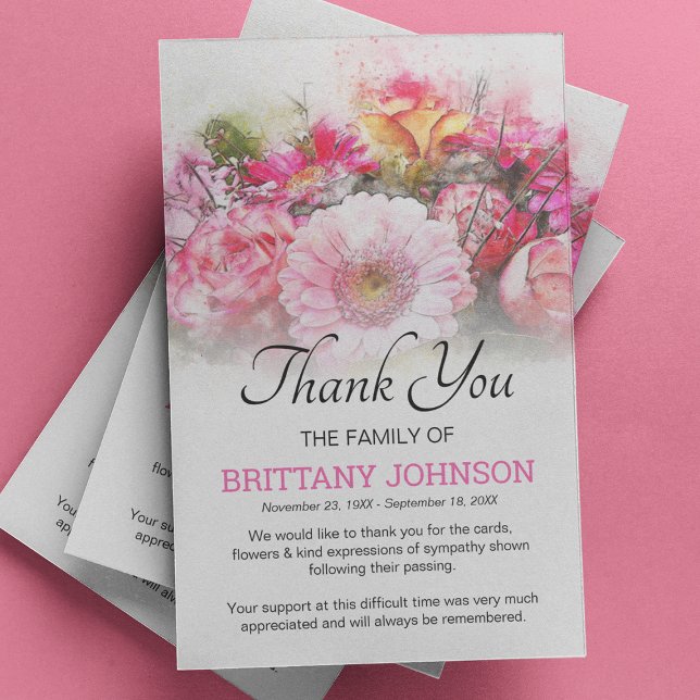 Womens Pink Floral Funeral Thank You Card (Creator Uploaded)