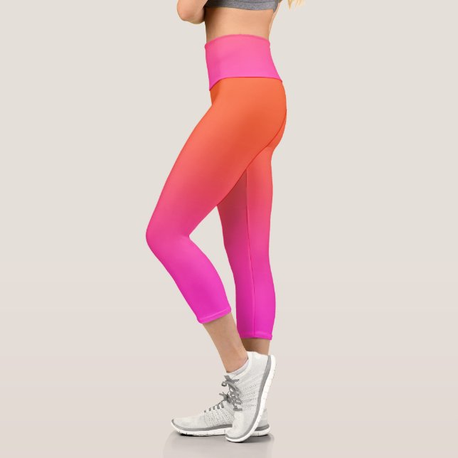 Women's Pink Orange High Waist  Capri Leggings (Left)