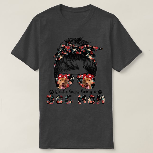 Womens Pit bull Dog Mom Messy Bun Hair Glasses Pre T-Shirt (Design Front)