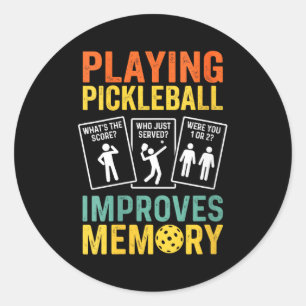 Womens playing pickleball improves memory funny classic round sticker