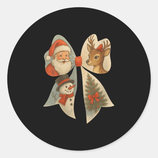 Womens Preppy Christmas Coquette Bow Reindeer Snow Classic Round Sticker (Front)