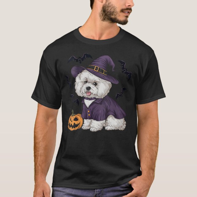 Womens Pumpkin Bat Witch Costume Bichon Frise Dog  T-Shirt (Front)
