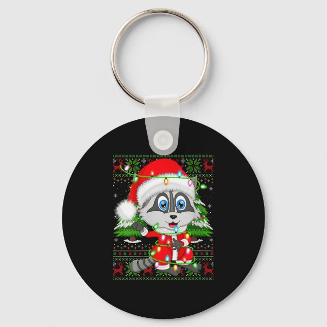 Womens Raccoon Christmas Lights Santa Costume Ugly Key Ring (Front)