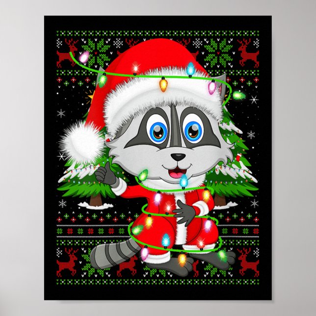 Womens Raccoon Christmas Lights Santa Costume Ugly Poster (Front)