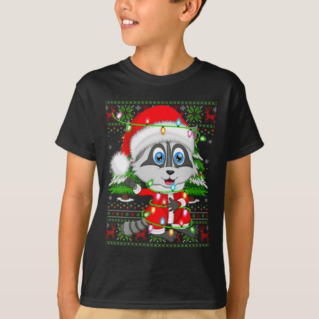 Womens Raccoon Christmas Lights Santa Costume Ugly T-Shirt (Front)