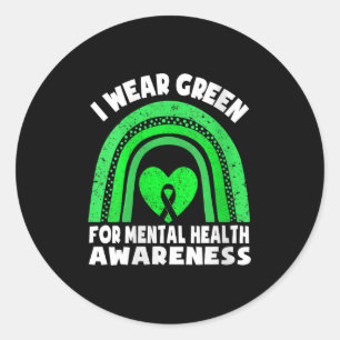 Womens Rainbow In May I Wear Green For Mental Heal Classic Round Sticker