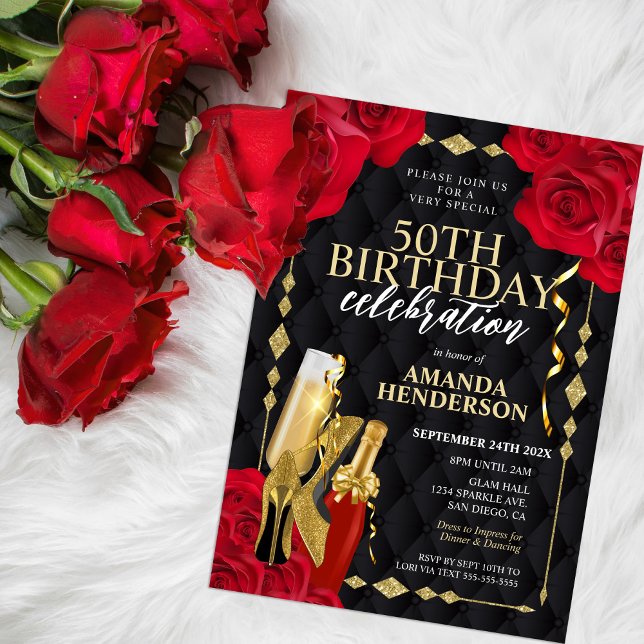 Womens Red and Gold Birthday Invitation (Creator Uploaded)