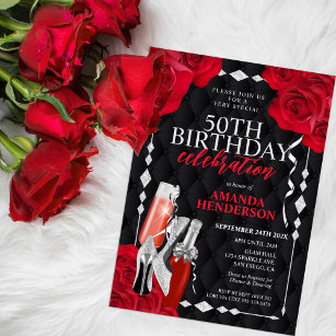 Womens Red and Silver Birthday Invitation