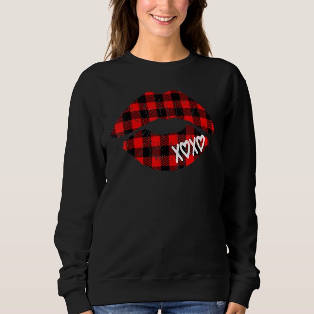 Womens Red Buffalo Plaid Lips  Valentine Day XOXO Sweatshirt (Front)