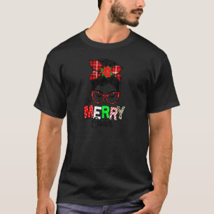 Womens Red Plaid One Merry Coder Messy Bun Christm T-Shirt