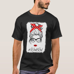 Womens Red Ribbon Week Wink Eye Messy Bun Glasses T-Shirt