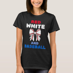 Women's red white and baseball coquette bow T-Shirt