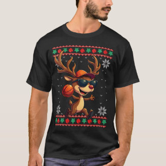 Womens Reindeer Playing Basketball Ugly Christmas  T-Shirt